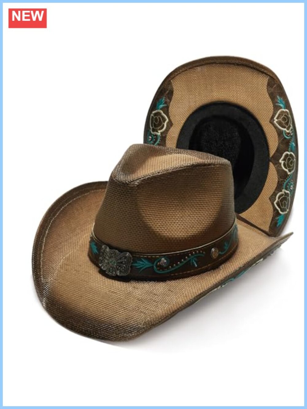 Western Straw Cowboy Hat Unisex Wide Brim Synthetic Raffia Sun Hat